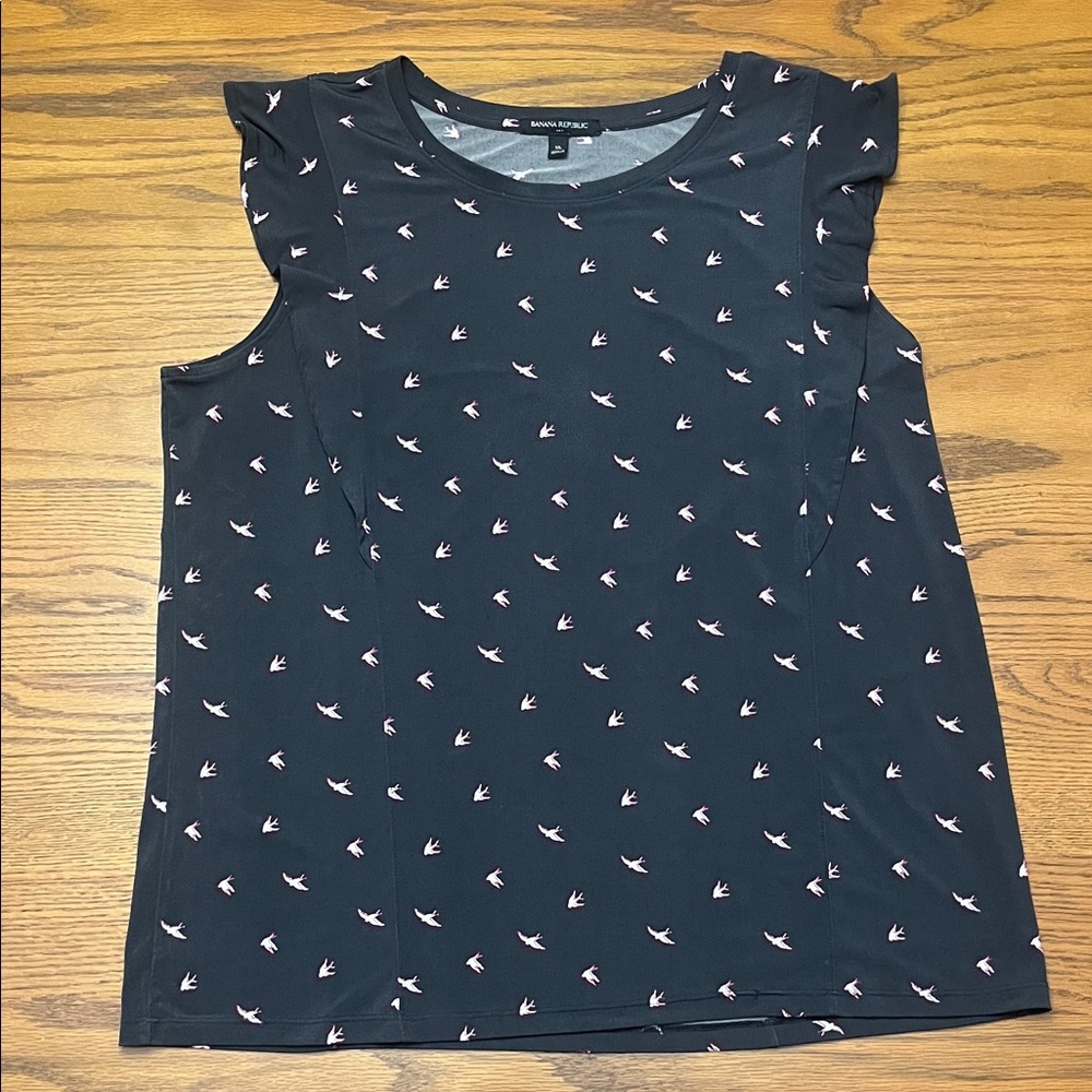 Banana Republic Charcoal Top with Pink and White Bird Print